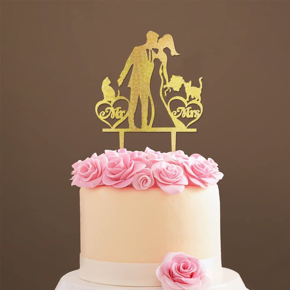 Personalized Mr And Mrs Cake Topper Bride And Groom with Pet Wedding Cake Topper Couple Silhouette Personalized Wedding Cake Topper Anniversary Baptism Cake Topper Gold Glitter Wood, 6 Inch