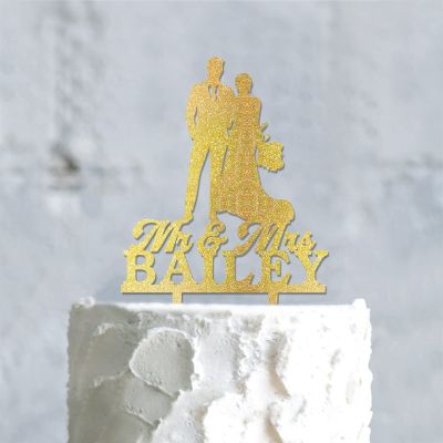Couple Silhouette Cake Topper with Pet Wedding Mr & Mrs Cake Topper Gold Glitter Wedding Cake Topper Personalized Cake Topper Funny Cake Toppers for Wedding
