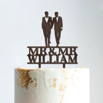 Gay Silhouette Wedding Cake Topper with Date with Pet Rustic Mr And Mr Cake Topper Personalized Cake Topper Same Sex Wedding Cake Topper Funny Cake Toppers for Wedding Brown Wood, 6 Inch