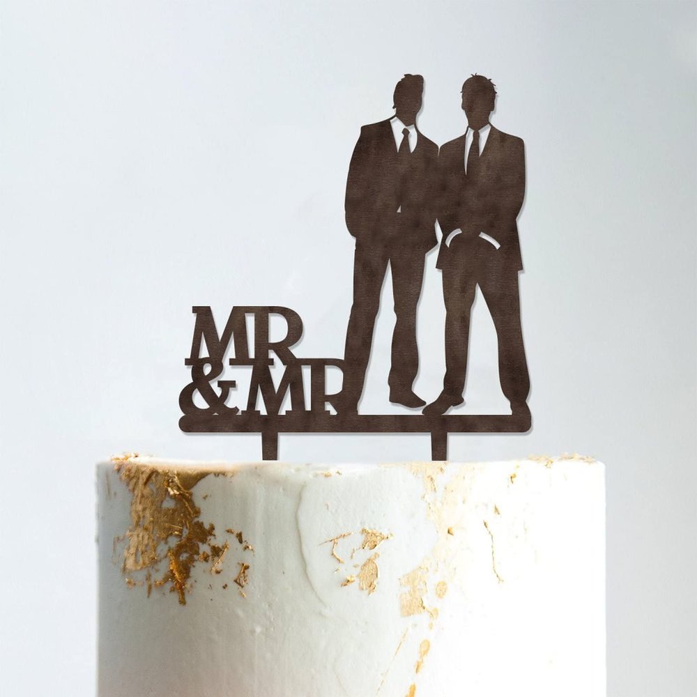 Gay Silhouette Wedding Cake Topper with Date with Pet Mr. & Mr. Wedding Cake Topper Custom Wedding Cake Topper Two Names Topper Script Cake Toppers for Wedding Brown Wood, 6 Inch