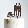 Gay Silhouette Wedding Cake Topper with Date with Pet Mr. & Mr. Wedding Cake Topper Custom Wedding Cake Topper Two Names Topper Script Cake Toppers for Wedding Brown Wood, 6 Inch view 1
