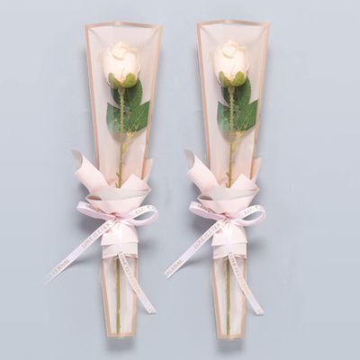 100 Pcs Clear Gold Edge Rose Packaging Bag Single Rose Packaging Bag, Waterproof Floral Wrapping Paper (Cherry Blossom Powder)