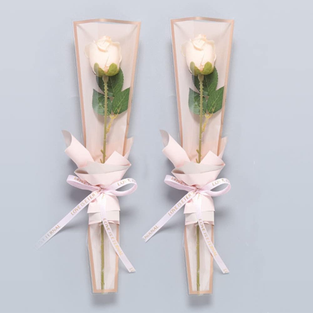 100 Pcs Clear Gold Edge Rose Packaging Bag Single Rose Packaging Bag, Waterproof Floral Wrapping Paper (Cherry Blossom Powder)