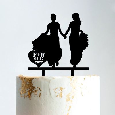 Wedding Lesbian Two Brides Silhouette Wedding Cake with Pet Mrs And Mrs Wedding Cake Topper Custom Wedding Cake Topper Marriage Equality Cake Topper Anniversary Cake Toppers Black Acrylic, 6 Inch