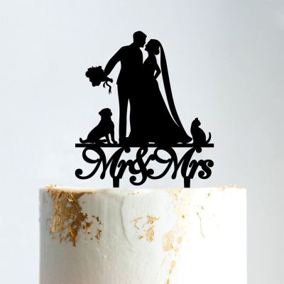 Custom Mr Mrs Cake Topper Bride And Groom with Pet Wedding Cake Topper Couple Silhouette Custom Wedding Cake Topper Rustic Wedding Cake Topper Black Acrylic, 6 Inch