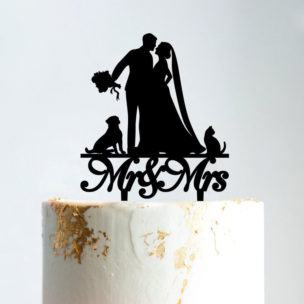 Custom Mr Mrs Cake Topper Bride And Groom with Pet Wedding Cake Topper Couple Silhouette Custom Wedding Cake Topper Rustic Wedding Cake Topper Black Acrylic, 6 Inch