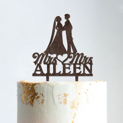 Lesbian Silhouette Wedding Cake Topper with Date with Pet Mrs And Mrs Wedding Cake Topper Personalized Wedding Cake Topper Same Sex Wedding Cake Topper Anniversary Cake Toppers Brown Wood, 6 Inch