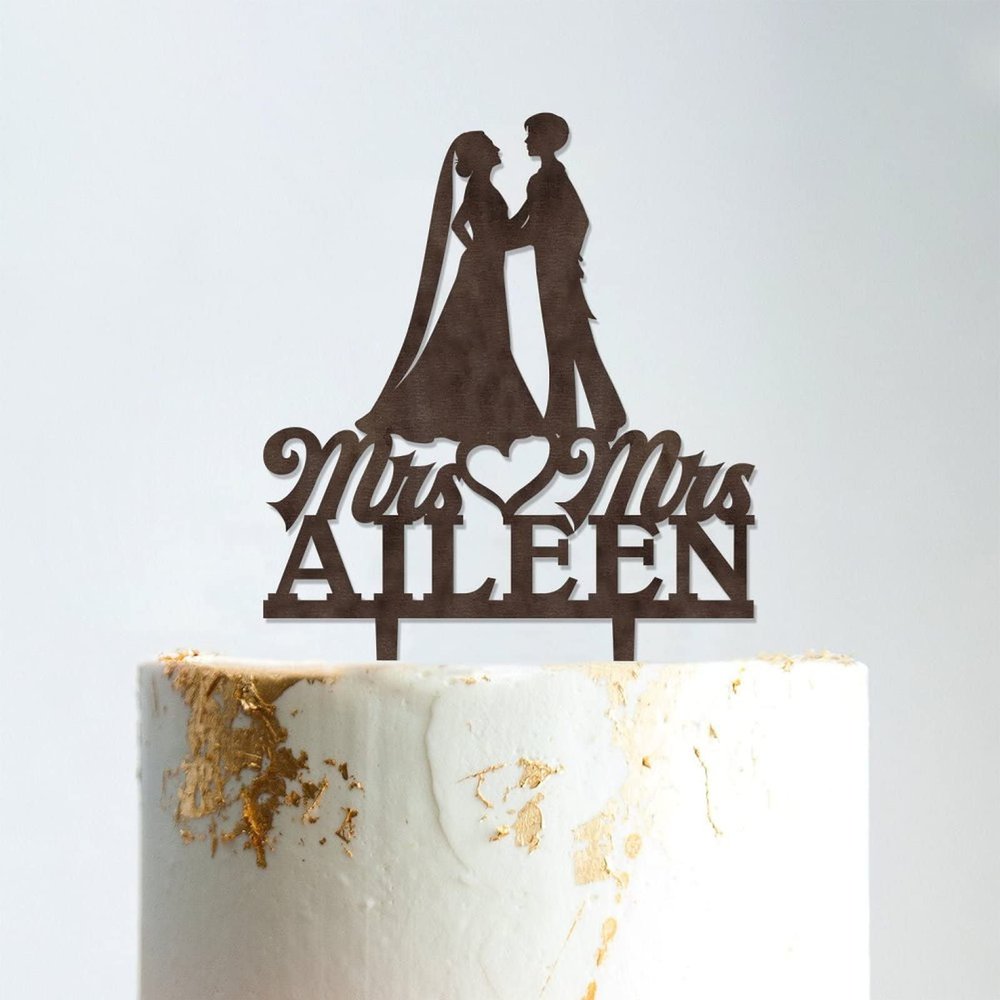 Lesbian Silhouette Wedding Cake Topper with Date with Pet Mrs And Mrs Wedding Cake Topper Personalized Wedding Cake Topper Same Sex Wedding Cake Topper Anniversary Cake Toppers Brown Wood, 6 Inch