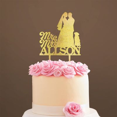Custom Mr Mrs Cake Topper Bride And Groom with Pet Wedding Cake Topper Couple Silhouette Personalized Wedding Cake Topper Anniversary Baptism Cake Topper Gold Glitter Wood, 6 Inch