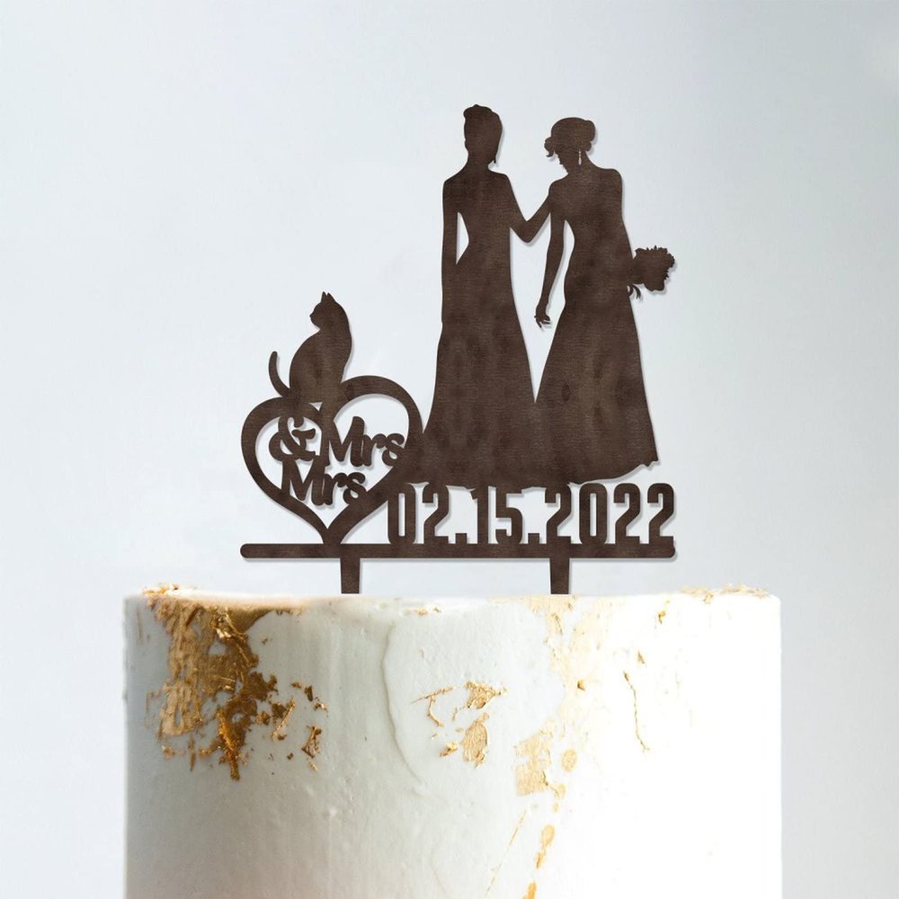 Lesbian Silhouette Wedding Cake Topper with Date with Pet Mrs. & Mrs. Wedding Cake Topper Custom Wedding Cake Topper Bride and Bride Same Sex Wedding Topper Brown Wood, 6 Inch