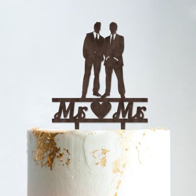Love Gay Silhouette Cake Topper with Pet Wedding Mr & Mr Cake Topper Custom Wedding Cake Topper Groom And Groom Same Sex Wedding Topper Rustic Wedding Cake Topper Brown Wood, 6 Inch