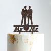 Love Gay Silhouette Cake Topper with Pet Wedding Mr & Mr Cake Topper Custom Wedding Cake Topper Groom And Groom Same Sex Wedding Topper Rustic Wedding Cake Topper Brown Wood, 6 Inch view 1