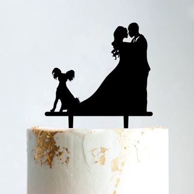 Mr And Mrs Cake Topper Bride And Groom with Pet Wedding Cake Topper Couple Silhouette Custom Cake Topper Funny Cake Toppers for Wedding Black Acrylic, 6 Inch