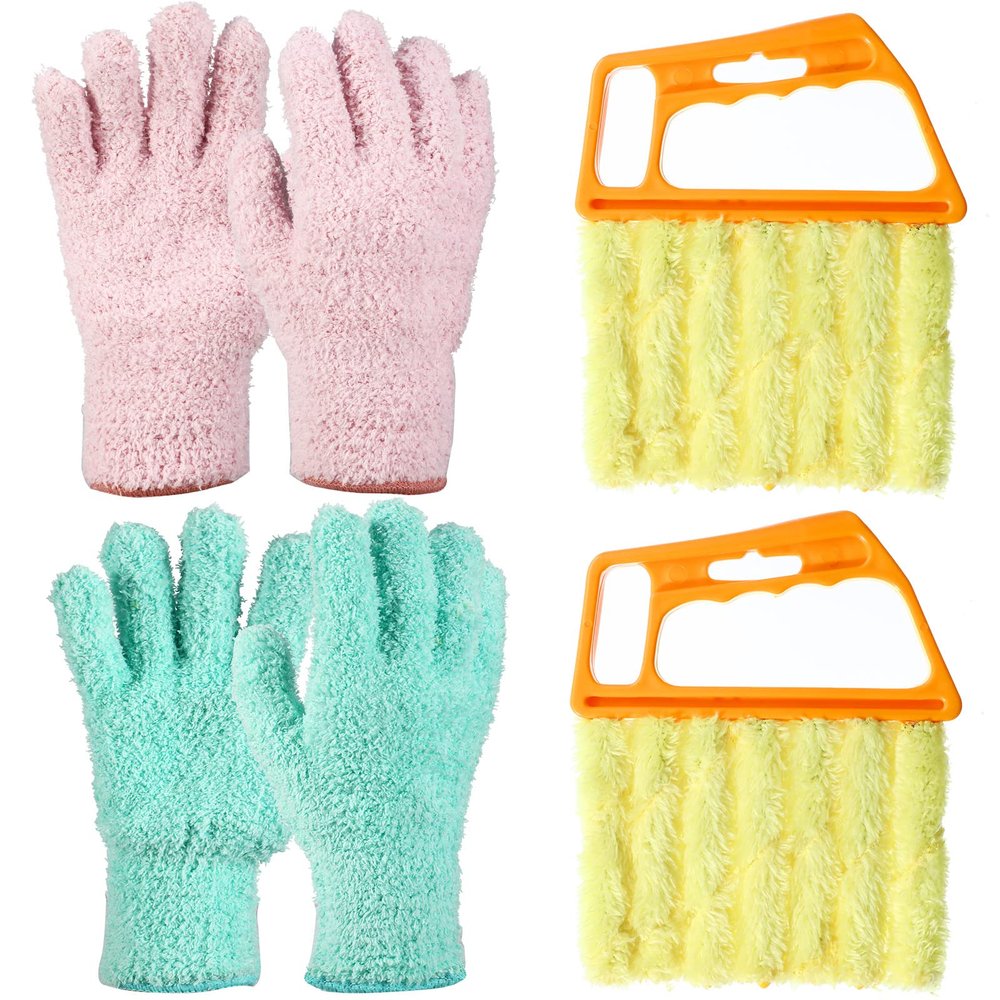 4 Pieces Window Venetian Blind Cleaner Dusting Tool, 2 Mini Blind Duster Brush 7 Finger Dusting Cleaner Tool 2 Pairs Microfiber Gloves for Shutter Air Conditioner Clean(Yellow, Teal, Pink)