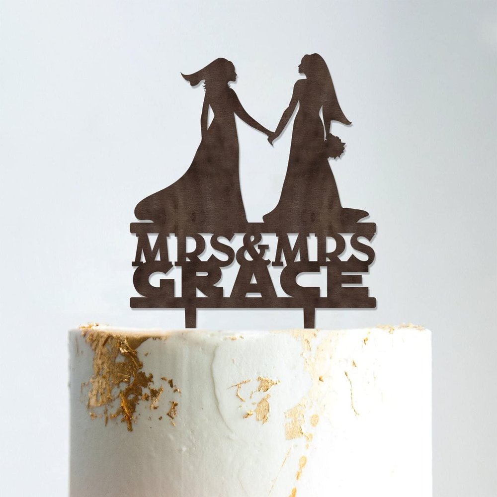 Lesbian Marriage Lesbian Couple Silhouette Cake Topper with Pet Mrs And Mrs Lesbian Wedding Cake Topper For Two Woman Personalized Wedding Cake Topper Same Sex Wedding Cake Topper Brown Wood, 6 Inch