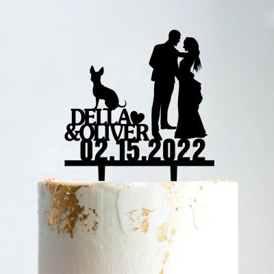 Personalized Mr And Mrs Cake Topper Bride And Groom with Pet Wedding Cake Topper Couple Silhouette Personalized Wedding Cake Topper Rustic Wreath Cake Topper Black Acrylic, 6 Inch