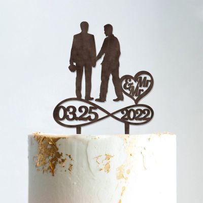 Gay Silhouette Wedding Cake Topper with Pet Mr And Mr Cake Topper Personalized Cake Topper Two Names Topper Funny Cake Toppers for Wedding Brown Wood, 6 Inch