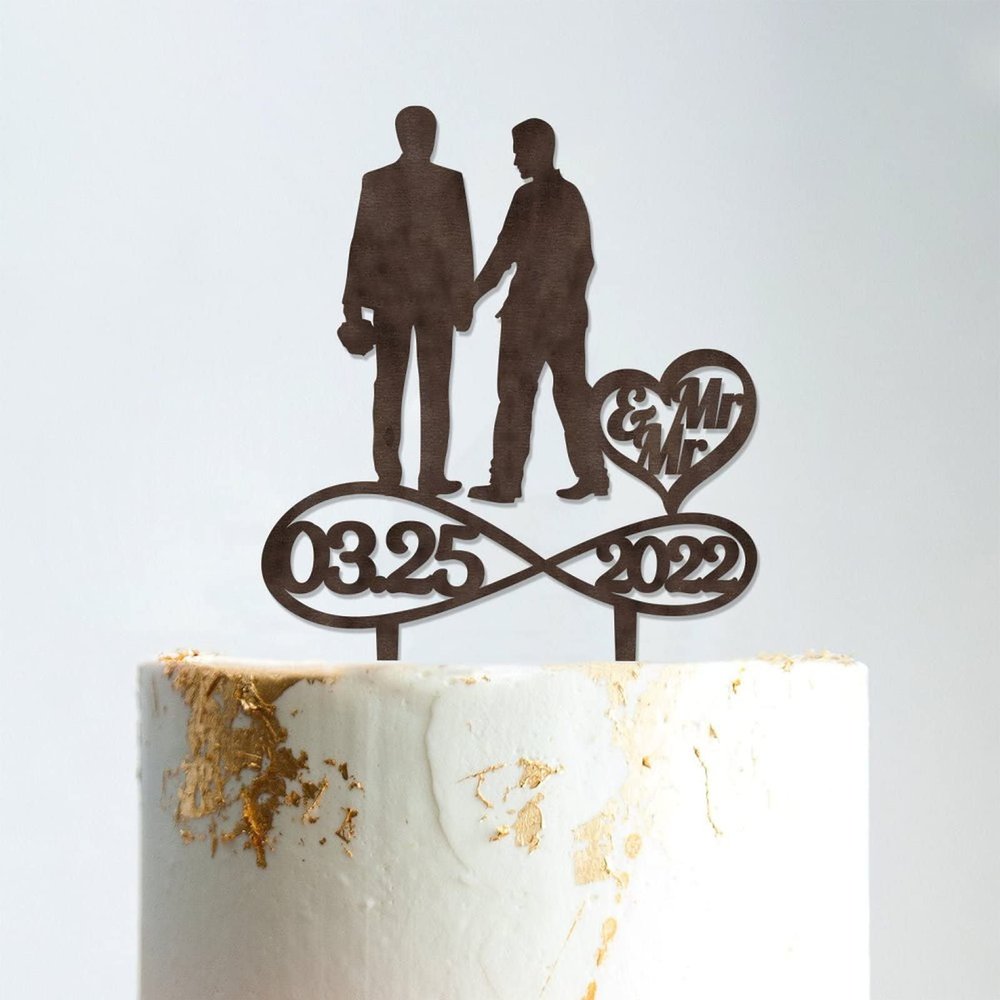 Gay Silhouette Wedding Cake Topper with Pet Mr And Mr Cake Topper Personalized Cake Topper Two Names Topper Funny Cake Toppers for Wedding Brown Wood, 6 Inch