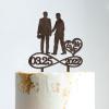 Gay Silhouette Wedding Cake Topper with Pet Mr And Mr Cake Topper Personalized Cake Topper Two Names Topper Funny Cake Toppers for Wedding Brown Wood, 6 Inch view 1