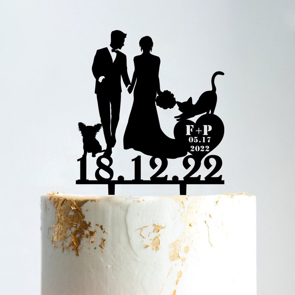 Mr And Mrs Cake Toppers for Wedding Bride And Groom with Pet Wedding Cake Topper Couple Silhouette Custom Wedding Cake Topper Anniversary Cake Toppers Black Acrylic, 6 Inch