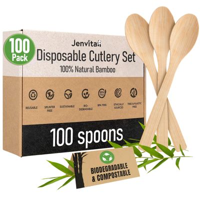 Jenvita 100% Bamboo Spoons Set - Biodegradable Silverware (100 Small Bamboo Spoons) | Reusable or Disposable Party Cutlery | Compostable FSC Certified Flatware for Weddings, Camping, Parties