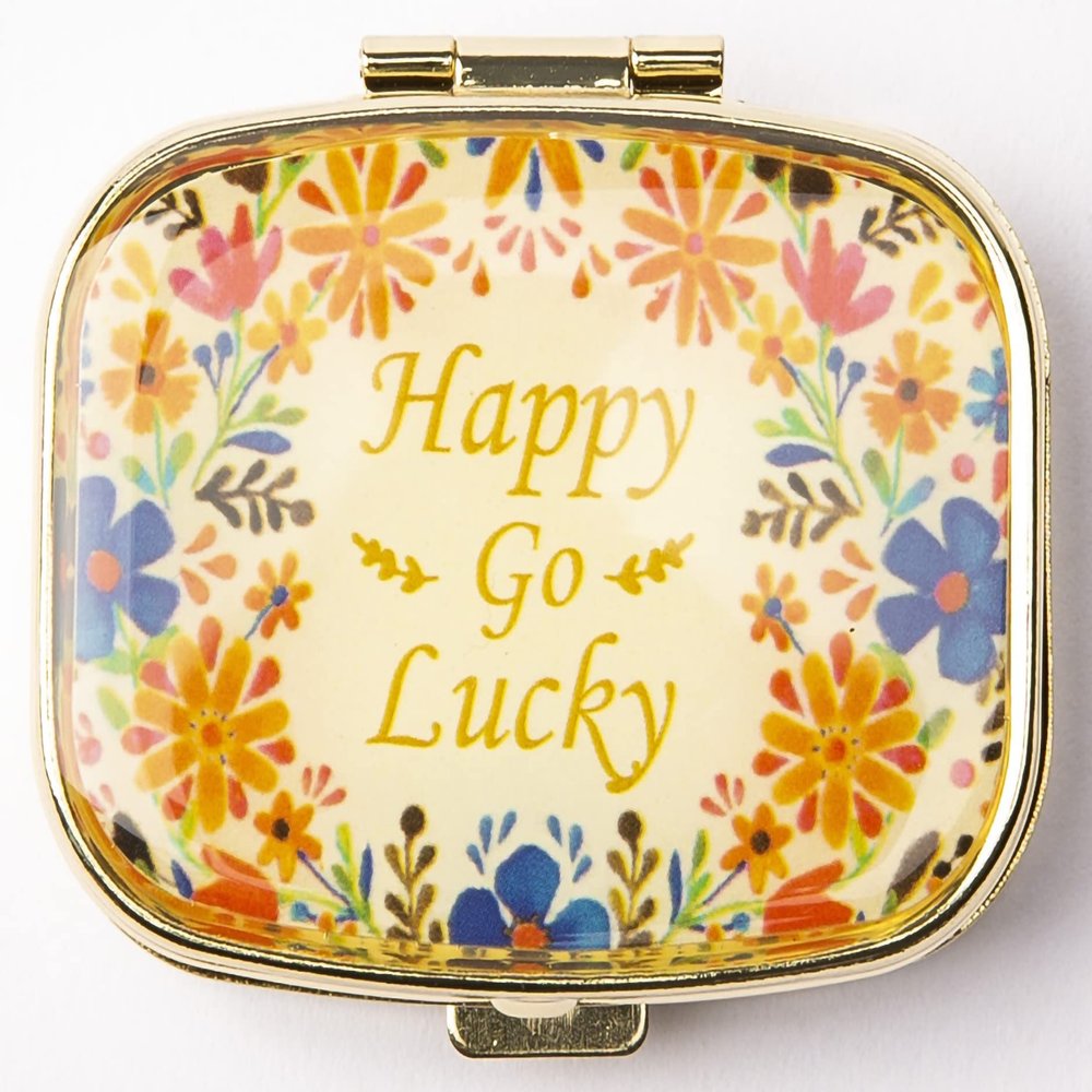 AmyZone Metal Pill Organizer Travel Friendly Portable Compact Pill Box Cute Pill Case to Hold Vitamins/Tylenol/Fish Oil/Supplements/Meds/Tablet for Purse/Pocket(Happy Go Lucky)
