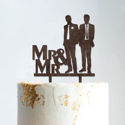Love Gay Silhouette Cake Topper with Pet Mr And Mr Gay Wedding Cake Topper For Two Men Personalized Wedding Cake Topper Groom And Groom Wedding Topper Anniversary Cake Toppers Brown Wood, 6 Inch