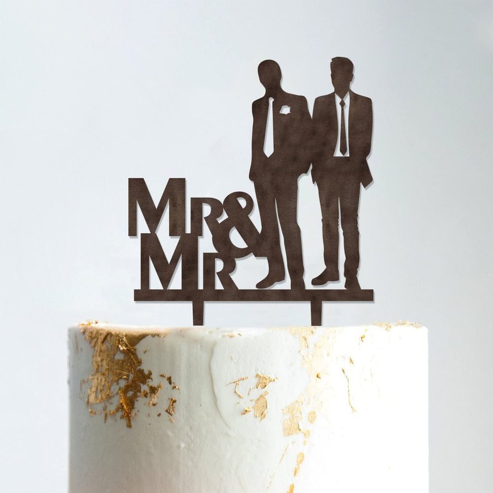 Love Gay Silhouette Cake Topper with Pet Mr And Mr Gay Wedding Cake Topper For Two Men Personalized Wedding Cake Topper Groom And Groom Wedding Topper Anniversary Cake Toppers Brown Wood, 6 Inch