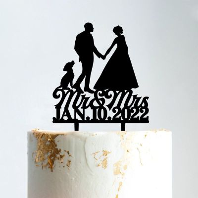 Rustic Mr And Mrs Cake Topper Bride And Groom with Pet Wedding Cake Topper Couple Silhouette Custom Cake Topper Anniversary Baptism Cake Topper Black Acrylic, 6 Inch
