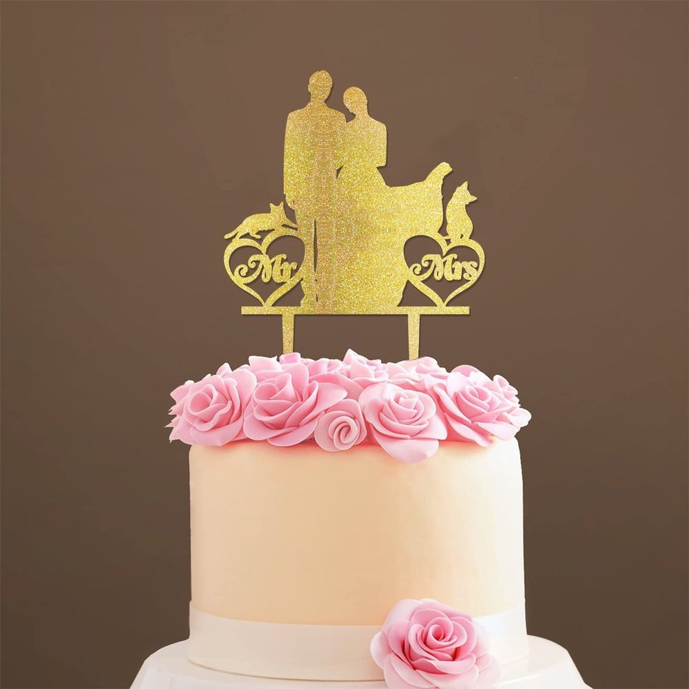Custom Mr Mrs Cake Topper Bride And Groom with Pet Wedding Cake Topper Couple Silhouette Custom Initials Cake Topper Rustic Wedding Cake Topper Gold Glitter Wood, 6 Inch