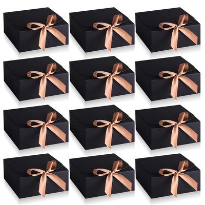 AIEX 12 Pcs Gift Boxes with Lids, 4.5" x4.5"x2" Present Boxes Square Gift Box with Champagne Wrap Ribbons, Gift Wrap Boxes for Birthday Wedding Party Christmas Chocolate Candy (Black)