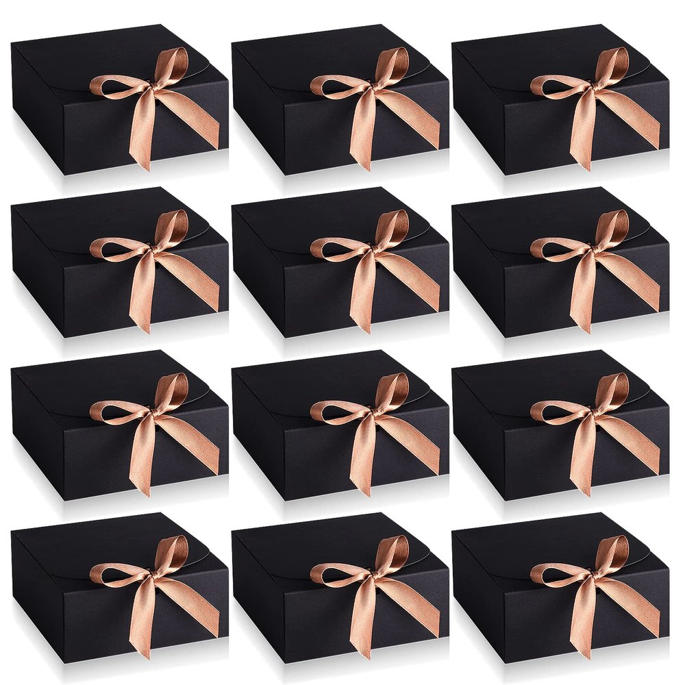 AIEX 12 Pcs Gift Boxes with Lids, 4.5" x4.5"x2" Present Boxes Square Gift Box with Champagne Wrap Ribbons, Gift Wrap Boxes for Birthday Wedding Party Christmas Chocolate Candy (Black)