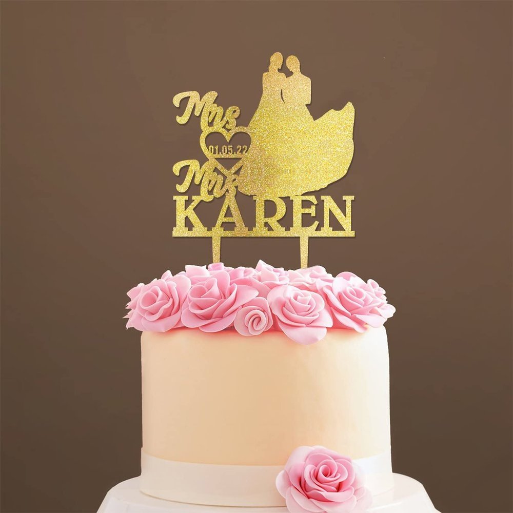 Lesbian Silhouette Cake Topper for Wedding with Pet Mrs. & Mrs. Wedding Cake Topper Personalized Cake Topper Marriage Equality Cake Topper Funny Cake Toppers for Wedding Gold Glitter, 6 Inch
