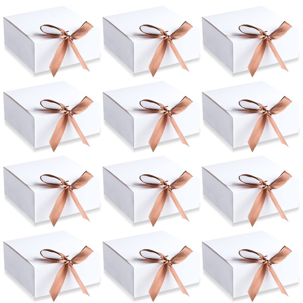 AIEX 12 Pcs Gift Boxes with Lids, 4.5" x4.5"x2" Present Boxes Square Gift Box with Champagne Wrap Ribbons, Gift Wrap Boxes for Birthday Wedding Party Christmas Chocolate Candy (White)