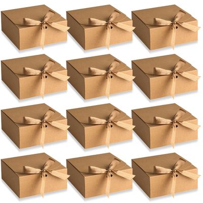 AIEX 12 Pcs Gift Boxes with Lids, 4.5" x4.5"x2" Present Boxes Square Gift Box with Champagne Wrap Ribbons, Gift Wrap Boxes for Birthday Wedding Party Christmas Chocolate Candy (Brown)