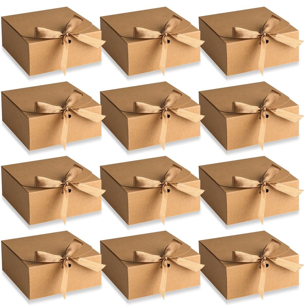 AIEX 12 Pcs Gift Boxes with Lids, 4.5" x4.5"x2" Present Boxes Square Gift Box with Champagne Wrap Ribbons, Gift Wrap Boxes for Birthday Wedding Party Christmas Chocolate Candy (Brown)