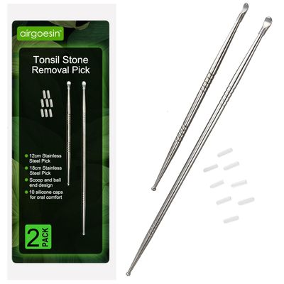 Airgoesin 2pcs Long Tonsil Stone Remover Tool + Earwax Curette Ear Picks Remover Tool Stainless Steel