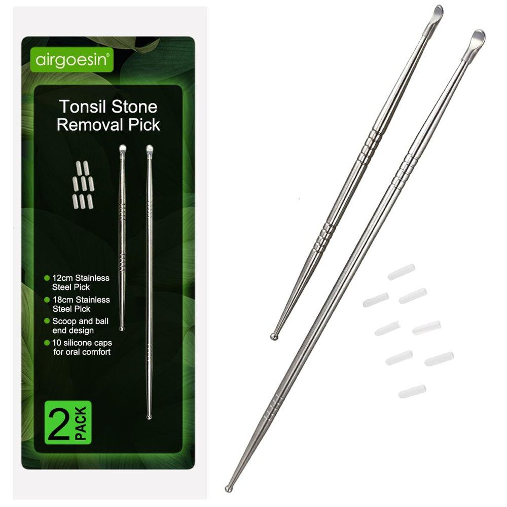 Airgoesin 2pcs Long Tonsil Stone Remover Tool + Earwax Curette Ear Picks Remover Tool Stainless Steel