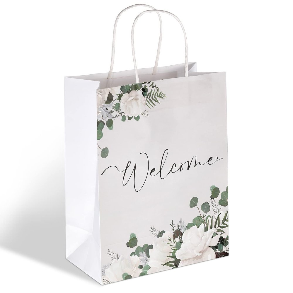 Chinco 48 Pcs Welcome Gift Bags for Wedding Guests Bulk White Welcome Paper Gift Bags Stuffers with Handles for Birthday Party Favors Supplies Retail Craft Packaging, 11 x 9 x 4.7inches