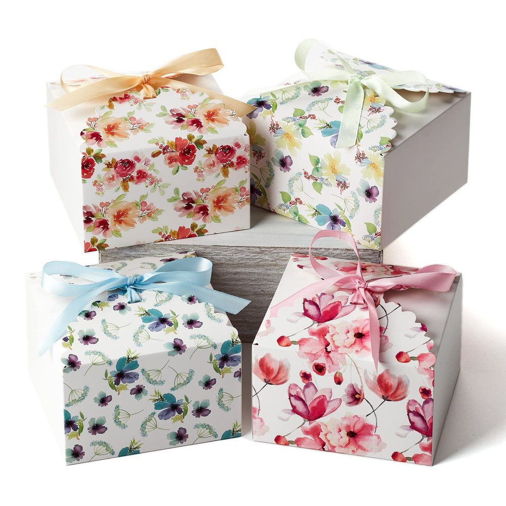 Floral Gift Boxes with Lids & Ribbons, 20 Pack, 5.8 x 3.7 Decorative Small Treat Boxes for Gift Giving, Cookie Tins, Mithai Indian Sweets, Candy, Christmas, Diwali, Favors, Baked Goods, Empty, Bulk