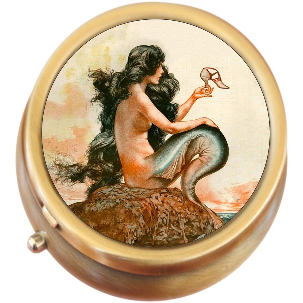 A Slice in Time Mermaid French Nouveau Travel Brass Round Pill Box