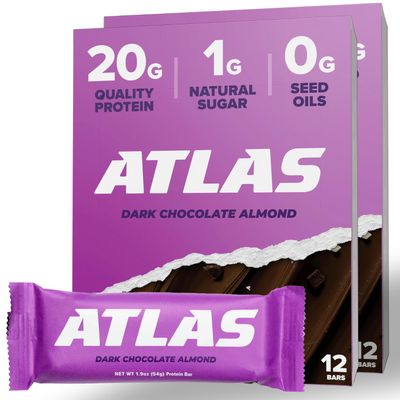 Atlas Bar 20g Protein, 1g Sugar, 0g Seed Oils, 0g Artificial Sweeteners (Dark Chocolate Almond) (24 Count, Dark Chocolate Almond)