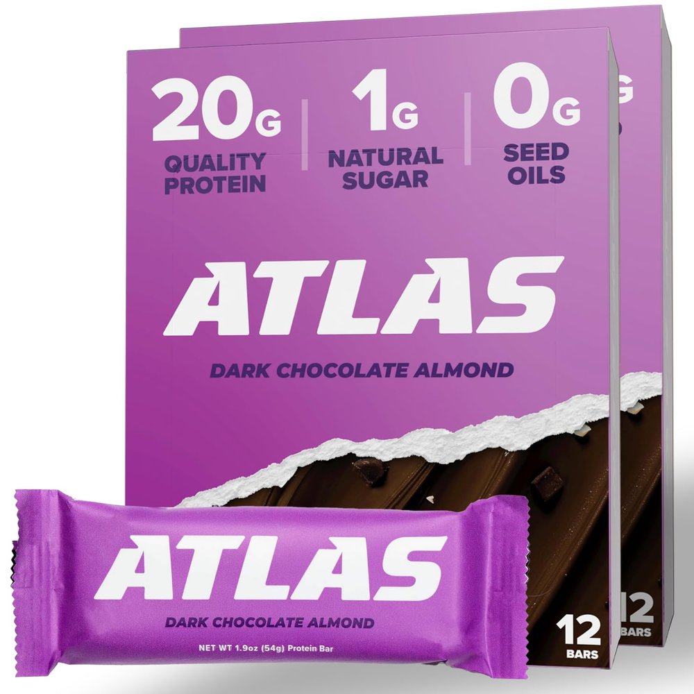 Atlas Bar 20g Protein, 1g Sugar, 0g Seed Oils, 0g Artificial Sweeteners (Dark Chocolate Almond) (24 Count, Dark Chocolate Almond)