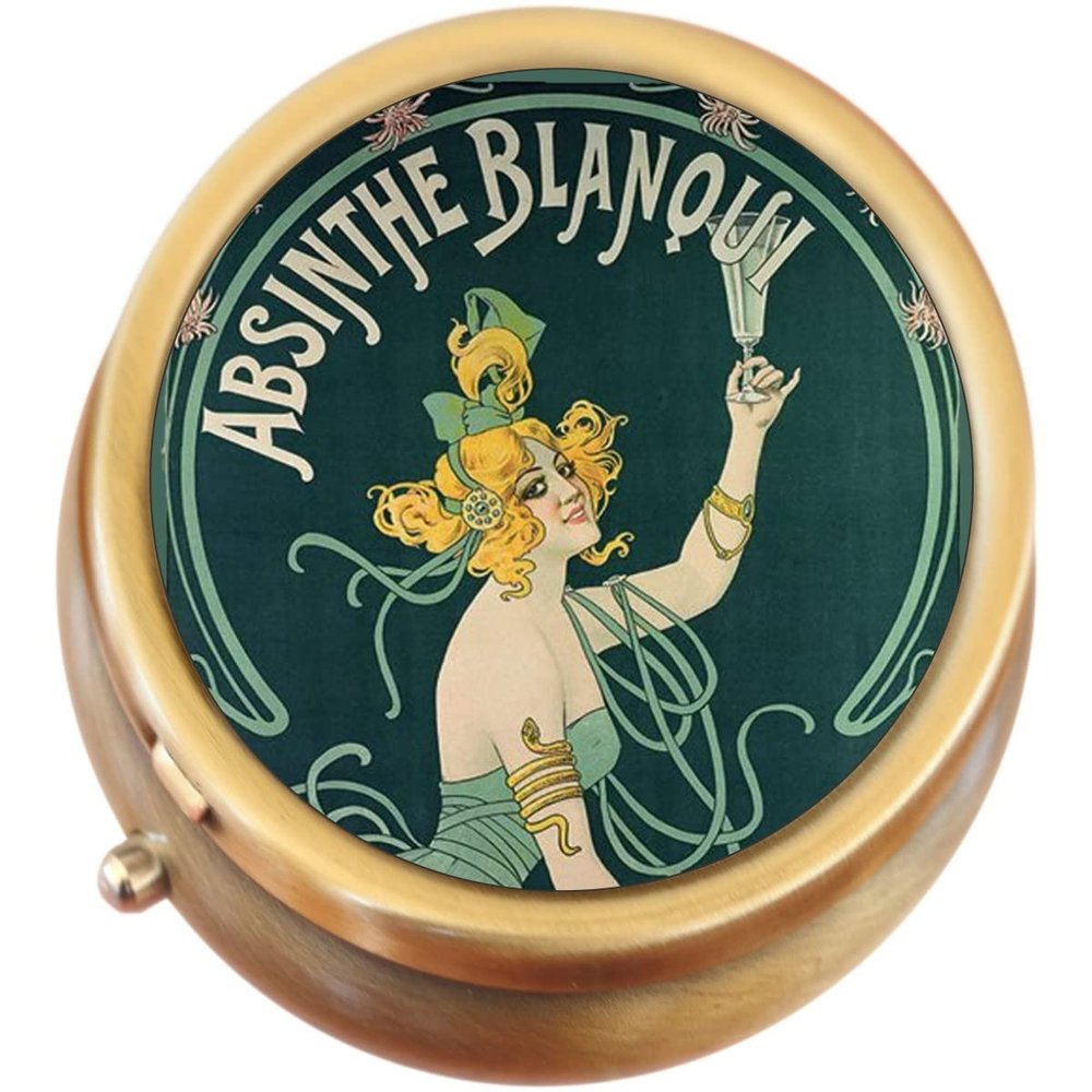 Absinthe Blanqui Vintage Art Nouveau Brass Round Pill Box