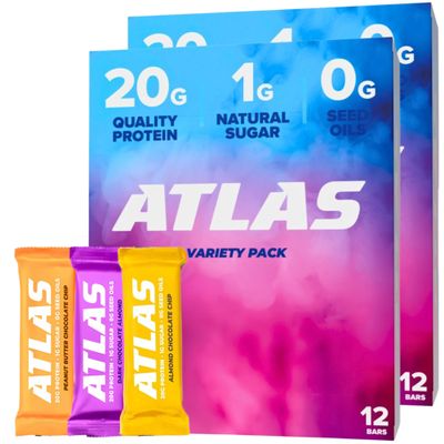 Atlas Real Food Protein Bar  20g Clean Protein, 1g Sugar, No Seed Oils, No Artificial Sweeteners (Variety, 24 Count)