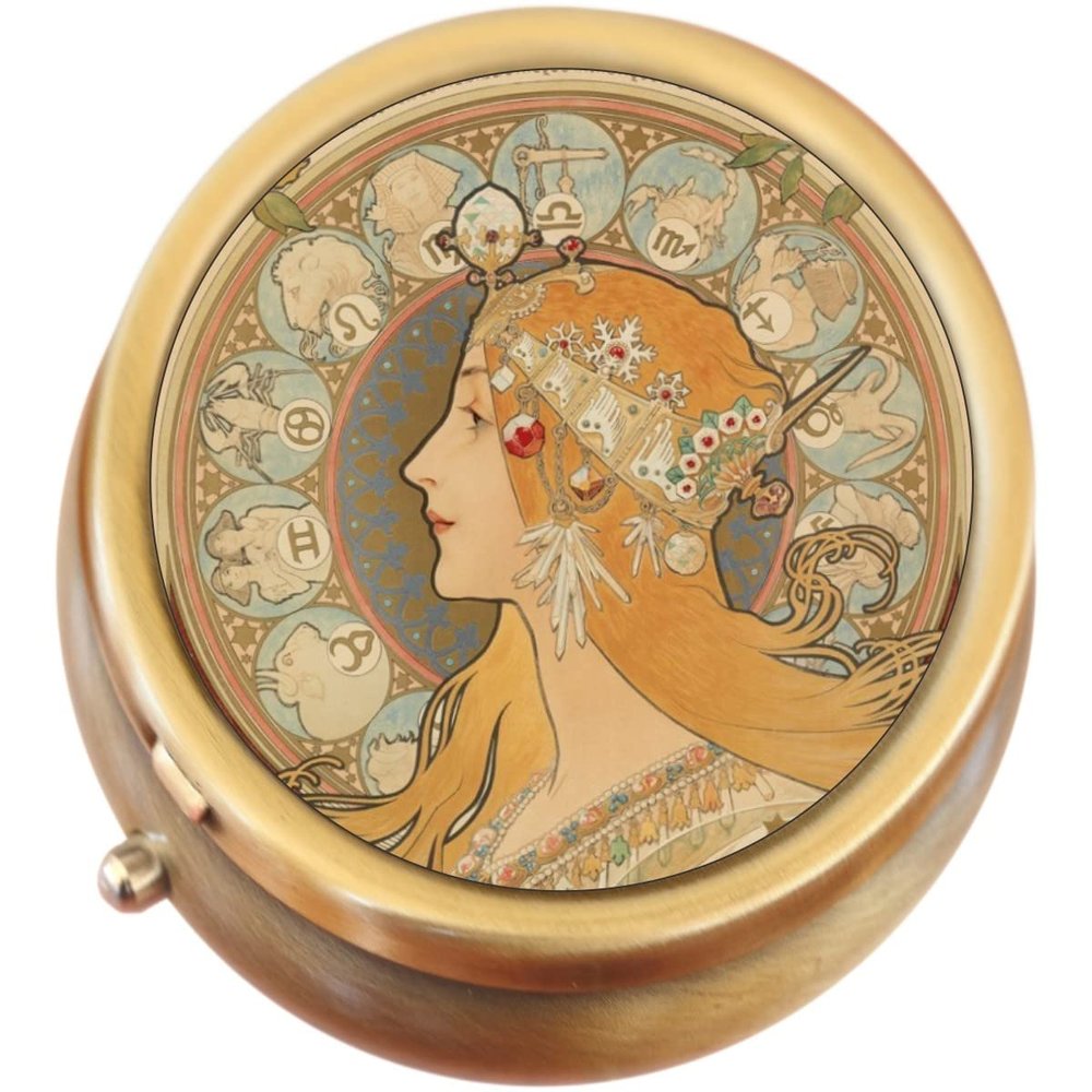 Art Nouveau La Plume Brass Round Pill Box