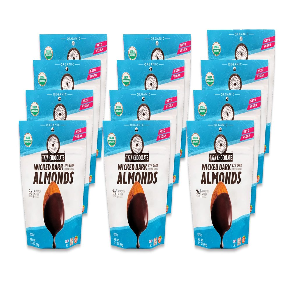 Taza Chocolate Organic Wicked Dark Chocolate Covered Almonds, 87% Dark Chocolate, 3.5 Ounce (12 Count), Vegan