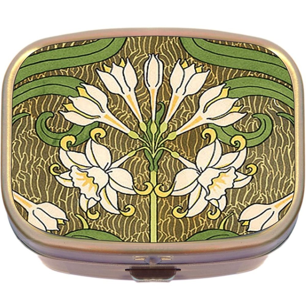 Art Nouveau Flowers Brass Rectangle Pill Box