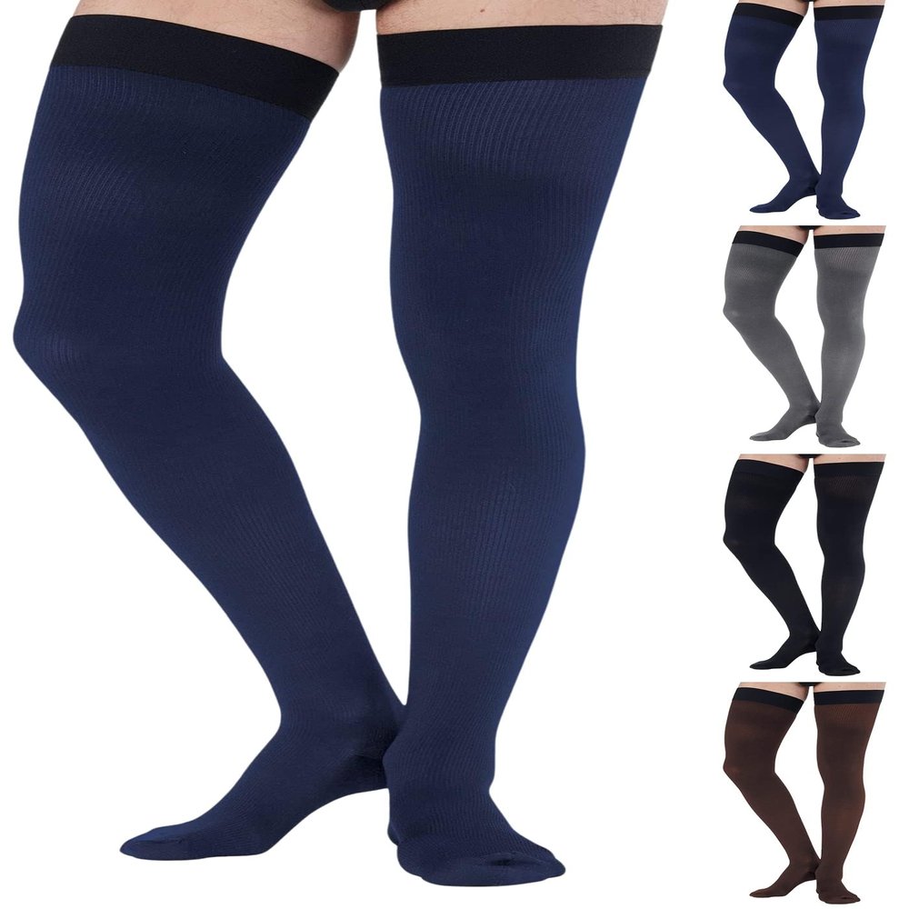 Thigh High Compression Socks for Men 20-30 mmHg - Full Length Compression Support Over Knee Stockings - Navy, 3X-Large