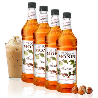 Monin - Hazelnut Syrup, Nutty Taste of Caramelized Hazelnut, Natural Flavors, Great for Mochas, Lattes, Smoothies, Shakes, and Cocktails, Non-GMO, Gluten-Free (1 Liter, 4-Pack)